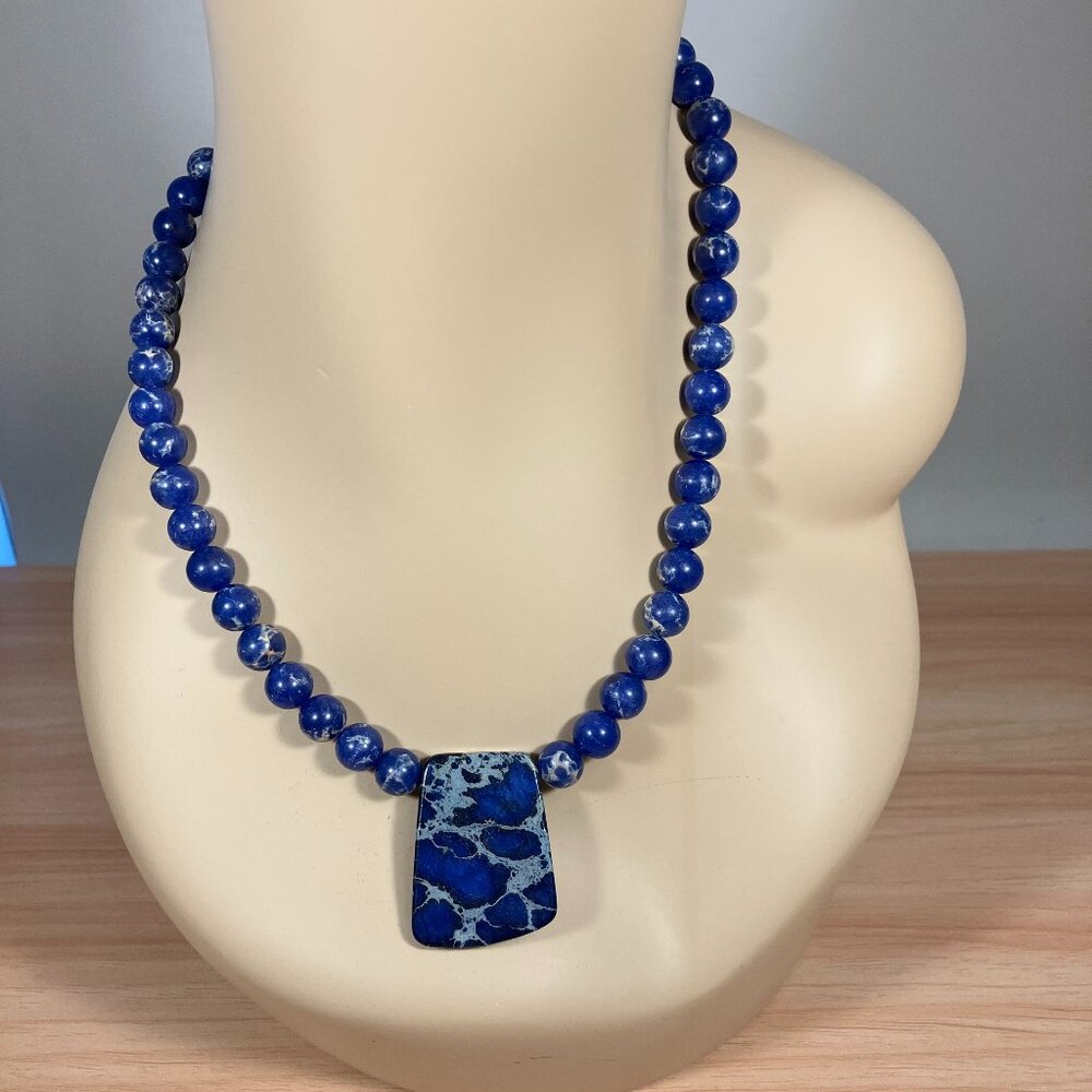 Handcrafted Natural Blue Sea Sediment Jasper Necklace - 19" Long